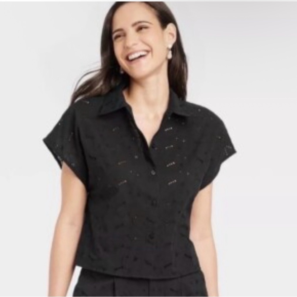 a new day Black Button-Up Eyelet Women's Top Women's Size Medium